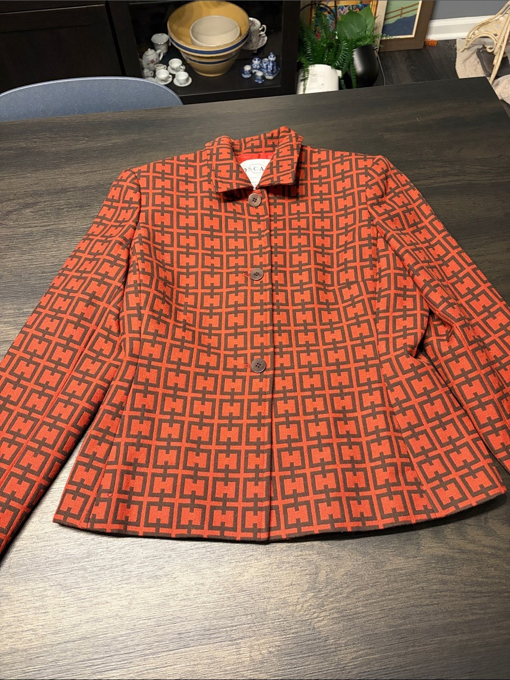 VTG 90s Oscar de la Renta Wool Geometric Greek Key Blazer Jacket Orange Brown 6